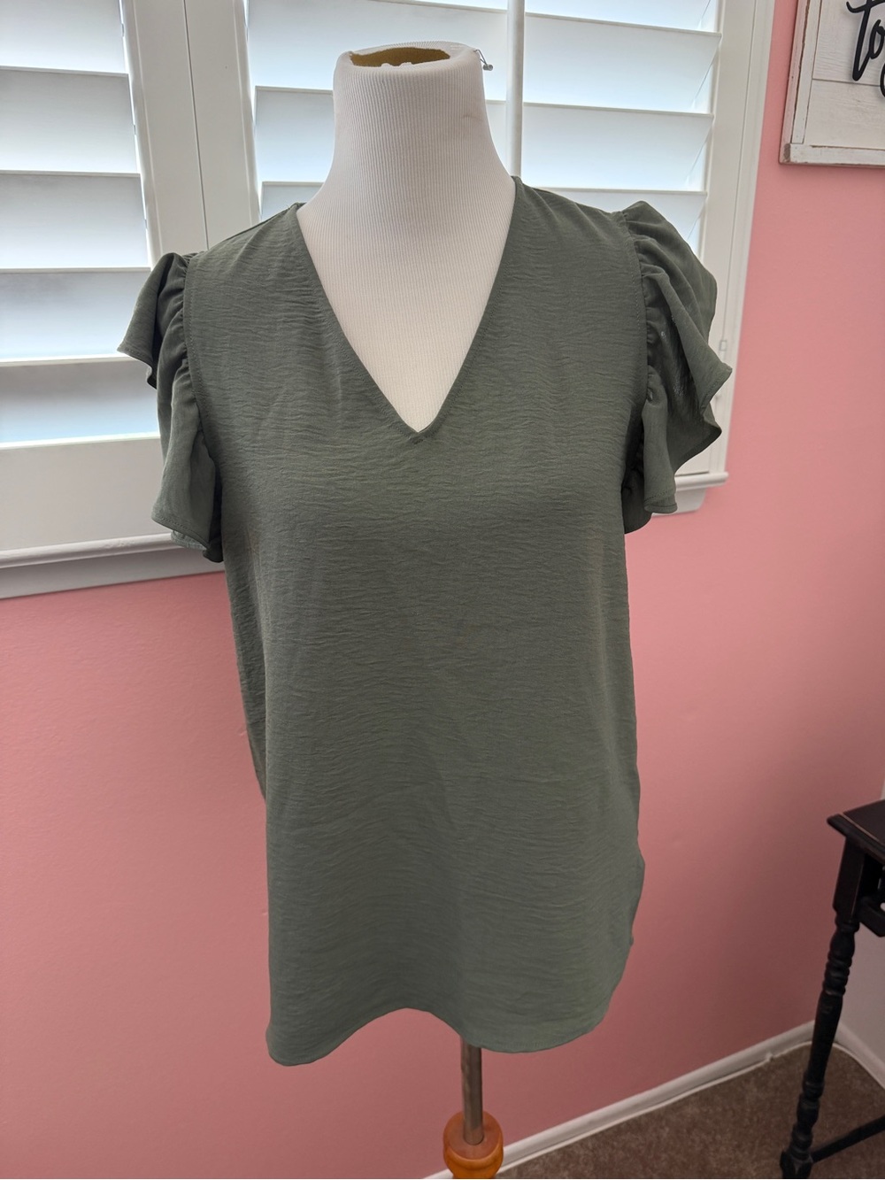 Adrianna Papell Olive Green V-Neck Ruffle Sleeve Blouse